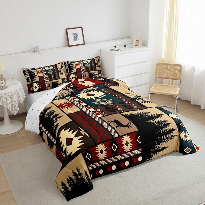 Feelyou Boho Comforter Set Toddler Size Rustic Comforter for Boys Girls Teens Cabin Bedding Set Vinatge Duvet Set Room Decor Brown Quilt Set
