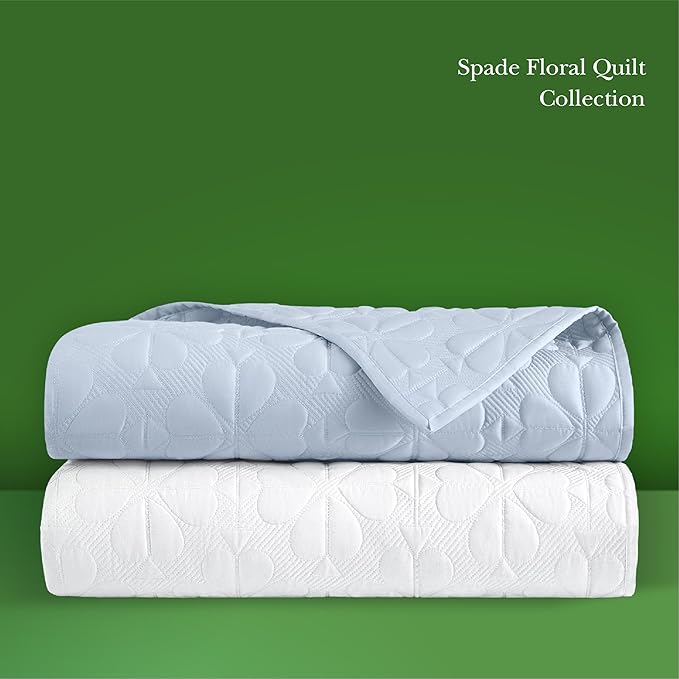 kate spade new york Spade Floral 2-Piece Twin Quilt Bedding Set, 100% Cotton Sateen Reversible Cover, All Season Warmth Bedding, Machine Washable, Bright White