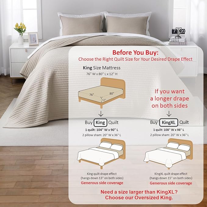 King Quilt Set – 104"x90" Soft Washed 3-Layer Lightweight Bedspread with Multi-Lock Quilting, Minimalist Nordic Bedding, All-Season Quilt Set for Spring & Summer (1 Quilt + 2 Pillow Shams), Oatmeal
