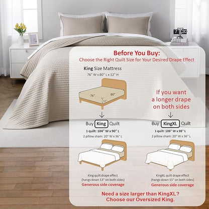 King Quilt Set – 104"x90" Soft Washed 3-Layer Lightweight Bedspread with Multi-Lock Quilting, Minimalist Nordic Bedding, All-Season Quilt Set for Spring & Summer (1 Quilt + 2 Pillow Shams), Oatmeal