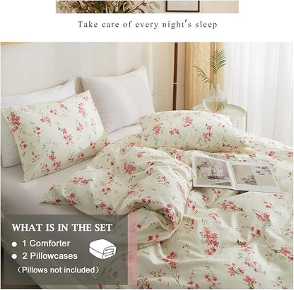 VM VOUGEMARKET Cream Comforter Set Queen Garden Flower Comforter with 2 Pillow Shams Girls Botanical Bedding Set Pink Floral Comforter Set 90x90 Inch