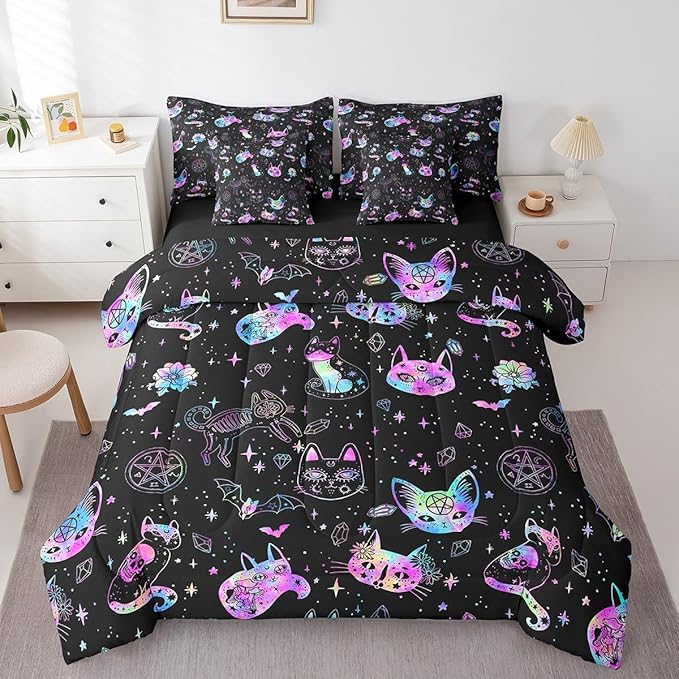 Ombre Cat Skull Comforter Set King Size,Black Galaxy Starry Bed Set 7pcs with Comforter,Fitted Sheet,Flat Sheet,2 Pillowcases,2 Throw Pillow Covers,Gothic Constellation Bedding Set