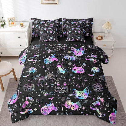 Ombre Cat Skull Comforter Set King Size,Black Galaxy Starry Bed Set 7pcs with Comforter,Fitted Sheet,Flat Sheet,2 Pillowcases,2 Throw Pillow Covers,Gothic Constellation Bedding Set
