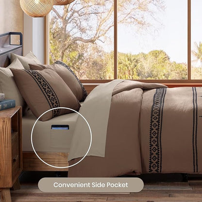 MaiRêve Oversized Queen Comforter Set Brown, Embroidery Western Bedding Set Boho 7 Pieces, Farmhouse All-Season Bed in A Bag with Sheets, Pillowcases & Shams