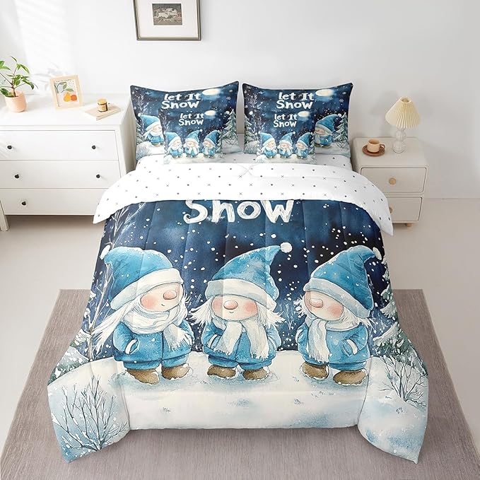 Castle Fairy Winter Night Comforter Set Bed in a Bag 7 Pieces King,Cute Gnome Retro Blue Tie Dye Bedding Set,Merry Christmas Theme (Comforter+Fitted+Flat Sheet+2 Pillowcases+2 Throw Pillow Covers)
