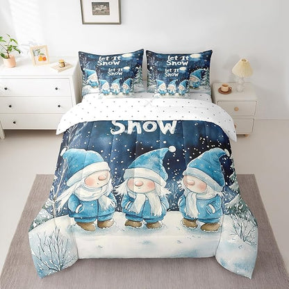 Castle Fairy Winter Night Comforter Set Bed in a Bag 7 Pieces King,Cute Gnome Retro Blue Tie Dye Bedding Set,Merry Christmas Theme (Comforter+Fitted+Flat Sheet+2 Pillowcases+2 Throw Pillow Covers)