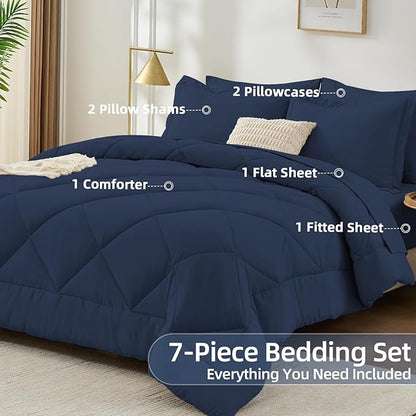 FUANNA 7 Pieces Queen Comforter Set, All Season Bed in a Bag Queen Size, Luxury Soft Bedding Sets with Comforter, Flat Sheet, Fitted Sheet, Pillowcases & Pillow Shams, Navy Blue