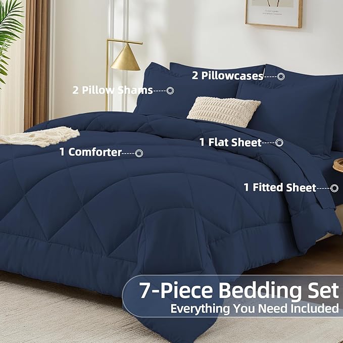 FUANNA 7 Pieces Full Size Comforter Sets, All Season Bedding Sets Full Size, Luxury Soft Bed in a Bag with Comforter, Flat Sheet, Fitted Sheet, Pillowcases & Pillow Shams, Navy Blue