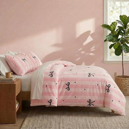 Bedbay Pink Striped Fleece Comforter Set Queen Size Girls Bow Comforter Soft Warm Fleece Velvet Bedding Set Pink Stripes Cute Bow Tie Pattern Fluffy Queen Bed Set 3 Pcs for Boys Girls Teen