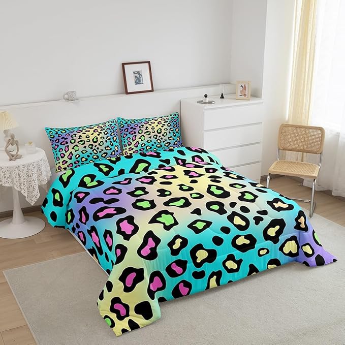 Feelyou Leapord Comforter Set Queen Size Leopard Print Comforter for Boys Girls Teens Cheetah Print Bedding Set Morden Duvet Set Room Decor Pale Blue Quilt Set