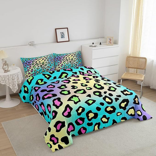 Feelyou Leapord Comforter Set Queen Size Leopard Print Comforter for Boys Girls Teens Cheetah Print Bedding Set Morden Duvet Set Room Decor Pale Blue Quilt Set