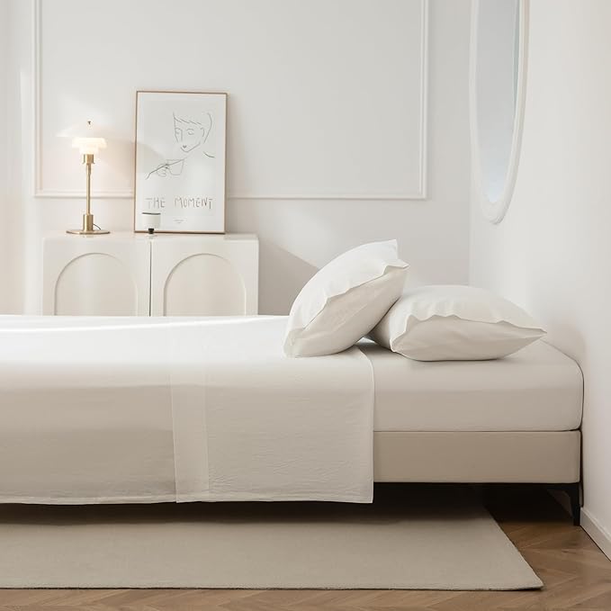 JIYUAN Full Size Sheet Set, 4-Piece - 100% Washed Cotton, Linen-Like Soft & Breathable, Includes Deep Pocket Fitted & Flat Sheet with 2 Pillowcases, Hotel Quality, Solid Off White
