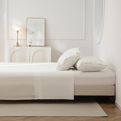 JIYUAN Full Size Sheet Set, 4-Piece - 100% Washed Cotton, Linen-Like Soft & Breathable, Includes Deep Pocket Fitted & Flat Sheet with 2 Pillowcases, Hotel Quality, Solid Off White