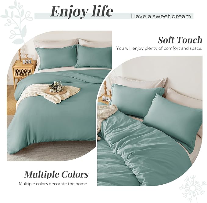 MILDLY Super Soft Duvet Cover 2pcs - 100% Washed Microfiber Grayish Teal Comforter Cover Set with Zipper Closure & Corner Ties (No Comforter)