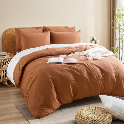 NEXHOME PRO Duvet Cover Set 100% Washed Cotton Super King 108"x98", Organic Natural Linen Look Textured 3 Pieces Bedding Set Terracotta Burnt Orange with Zipper Closure, Soft (No Comforter)