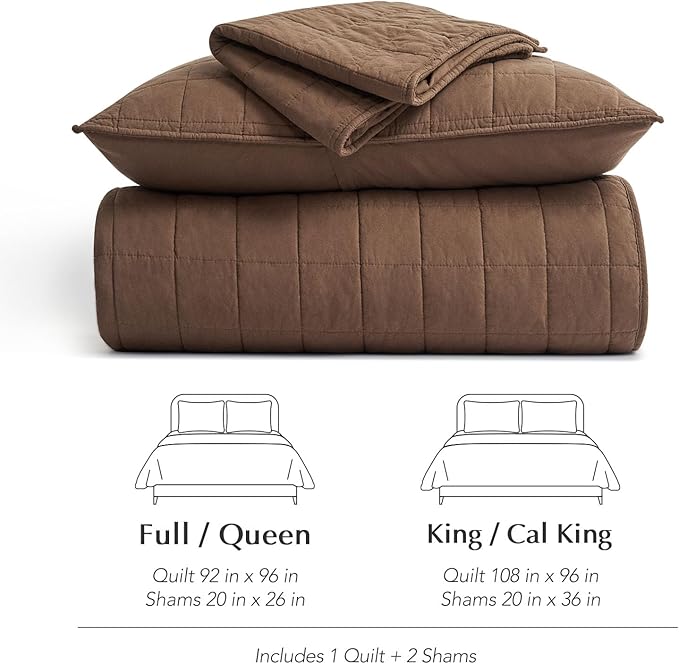 EVERGRACEHOME 100% Cotton Box Stitch Quilt Bedding Set King Size 3 Pieces, Garment-Washed Lightweight Soft Cozy Coverlet, Oversized Quilted Bedspread Sets with 2 Shams for All Season, Sienna Brown