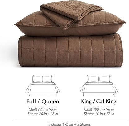 EVERGRACEHOME 100% Cotton Box Stitch Quilt Bedding Set King Size 3 Pieces, Garment-Washed Lightweight Soft Cozy Coverlet, Oversized Quilted Bedspread Sets with 2 Shams for All Season, Sienna Brown