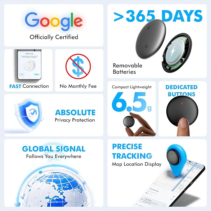 Bluetooth Tracker 4-Pack Smart Tag for Android & Samsung | IP66 Waterproof,100db, Item Finder for Keys, Wallet, Luggage. Works with Google Find Hub(White)