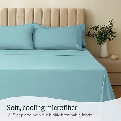 LuxClub 5 PC Split King Sheet Set, Breathable Luxury Bed Sheets, Deep Pockets 18" Eco Friendly Wrinkle Free Cooling Sheets Machine Washable Hotel Bedding Silky Soft - Aqua Split King