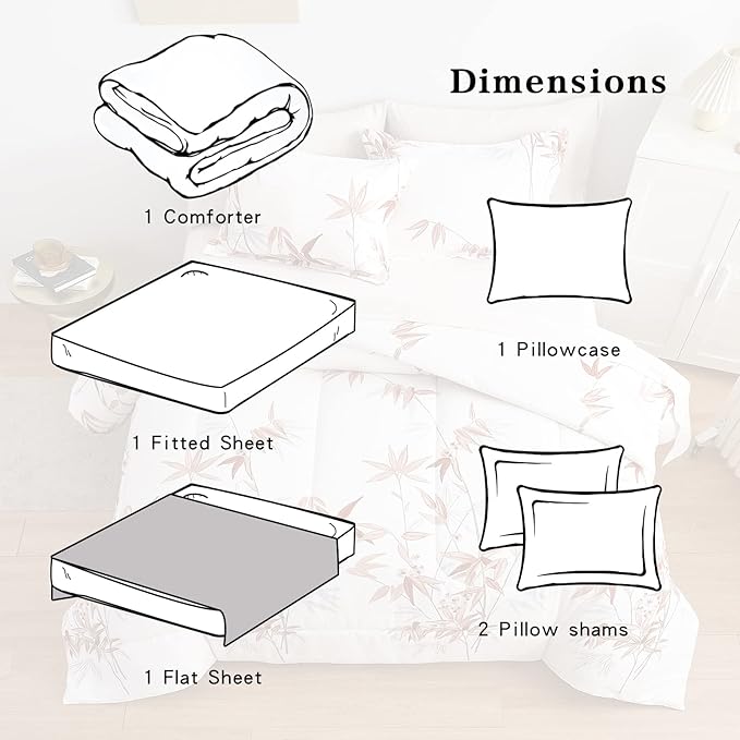 6 Pieces Bed in a Bag Twin Comforter Set with Sheets, Burnt Orange Leaves on White Botanical Bedding Sets for Kids (1 Comforter, 2 Pillow Shams, 1 Flat Sheet, 1 Fitted Sheet, 1 Pillowcases)