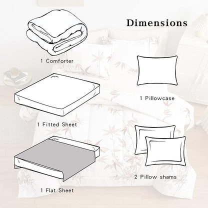 6 Pieces Bed in a Bag Twin Comforter Set with Sheets, Burnt Orange Leaves on White Botanical Bedding Sets for Kids (1 Comforter, 2 Pillow Shams, 1 Flat Sheet, 1 Fitted Sheet, 1 Pillowcases)