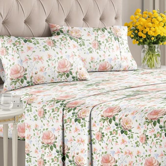 CGK Unlimited Floral Sheets - Pink Floral Rose Bed Sheet Set - 1 Flat, 1 Fitted & 2 Pillowcases w/Deep Pockets - Wrinkle & Fade Free - Boho Botanical Bedding - Ultra-Soft, Breathable and Cooling
