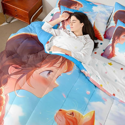 Erosebridal Japanese Anime Kids Bed in A Bag Cute Cartoon Girl Bedding Set Black Cat Animal King Comforter Set 7 Piece Romantic Aesthetic Girly Sheet Set with Comforter