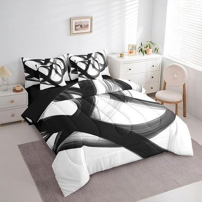 Erosebridal Abstract Modern Black White 7 Piece Comforter Set Twin Bed in A Bag Neutral Minimalist Lines Bedding Set for Boys Men Geometric Sheet Set Contemporary Art Simple Quilt Room Decor