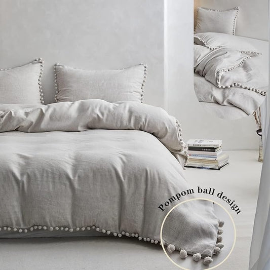 Simple&Opulence French Linen Blended Duvet Cover King, Flax Viscose Derived from Bamboo Bedding Set with Pom Pom Trim Soft Cooling for Hot Sleepers, 1 Boho Comforter Cover and 2 Pillow Shams, Linen