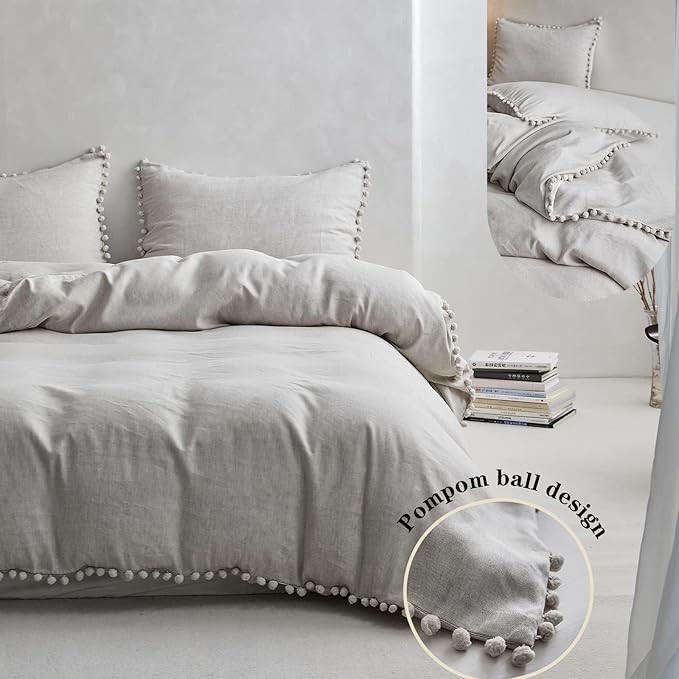 Simple&Opulence French Linen Blended Duvet Cover Queen, Flax Viscose Derived from Bamboo Bedding Set with Pom Pom Trim Soft Cooling for Hot Sleepers, 1 Boho Comforter Cover and 2 Pillow Shams, Linen