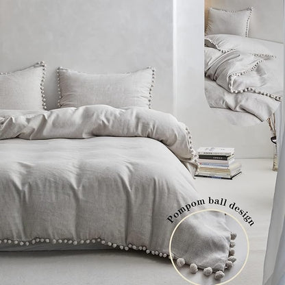 Simple&Opulence French Linen Blended Duvet Cover Queen, Flax Viscose Derived from Bamboo Bedding Set with Pom Pom Trim Soft Cooling for Hot Sleepers, 1 Boho Comforter Cover and 2 Pillow Shams, Linen