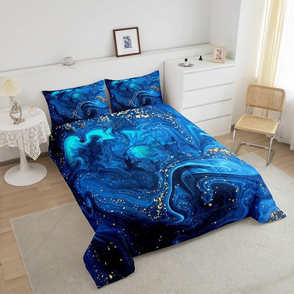 Ombre Blue Marble Bedding Set King, Black And Blue Marble Comforter Set for Boys Girls Teens Adult, Abstract Ocean Wave Fluid Duvet Set with Golden Sequins, Modern Aesthetic Liquid Quilted Comforter