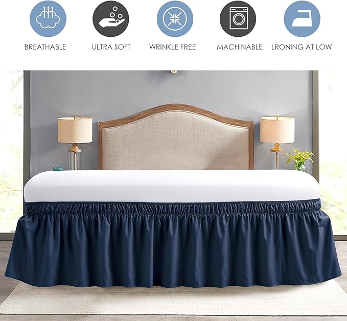 FreshCulture Twin Bed Skirt - Elastic Wrap Around Bed Skirt, Twin Size, Easy Fit with 22 Inch Drop Length, Hotel Quality Dust Ruffle (Navy Blue)