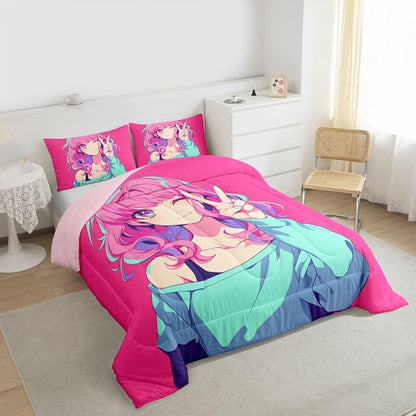 Erosebridal Japanese Anime Bedding 3D Anime Girl Comforter Set, Kawaii Japanese Style Bedding Comforter Sets Cartoon Uniform Girl Duvet Insert for Girls Hot Pink Room Decor, Queen