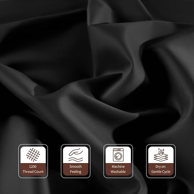 100% Egyptian Cotton Sheets 1200 Thread Count Queen Size Bedding Sets 4 Pcs, Fitted Sheet Up to 16" Deep Breathable All Seasons (Queen, Black)