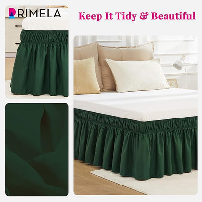 RIMELA Dark Green Bed Skirt King Size 15 Inch Drop, Elastic Wrap Around Bed Skirt King Dust Ruffle for Bed, Soft and Solid Fabric Bedding Bedskirt Machine Washable Easy to Install