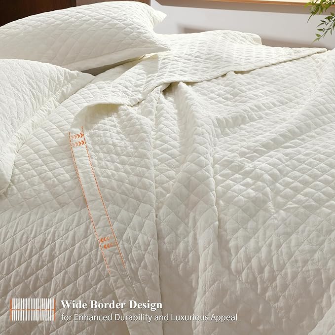 Grassix Linen Quilt Set Queen Size 3-Piece, 100% Linen Front & Cotton Back, Prewashed Diamond Stitch Bedspread with 2 Shams, Lightweight Breathable Quilt for Hot Sleepers, Modern Farmhouse Bedding