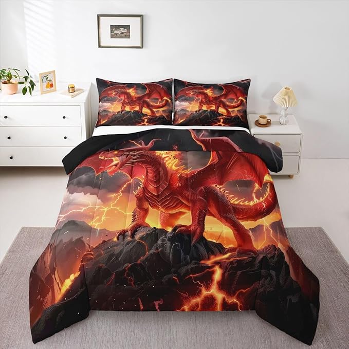 Castle Fairy Wild Animals Cool Magical Style Boys Girls Comforter Set Full Size,Dragon Duvet Set Teens Bedroom Decor,Red Flame Dragons Microfiber Soft Bedding 3PCS