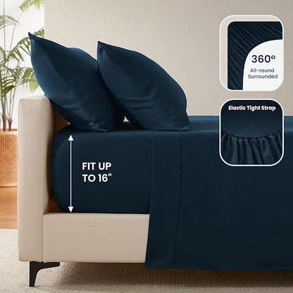 SLEEP ZONE Nanotex Super Soft Cooling Full Size Bed Sheets Set 4 Piece - Easy Care Fitted Flat Sheet & Pillowcase Sets - Wrinkle Free, Fade Resistant, Deep Pocket 16" (Navy Blue, Full)