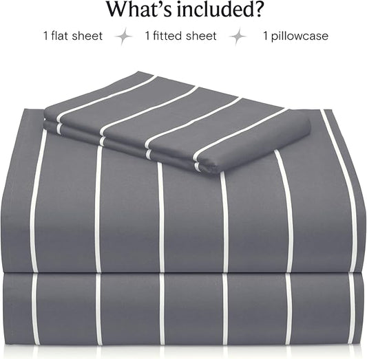 LuxClub Striped Sheets, 3 PC Striped Bed Sheets Twin Size for-Boys-and-Girls-Deep Pockets 18" Eco Friendly Wrinkle Free-Kids-Fitted Sheets Machine Washable Hotel Bedding (Twin, Light Grey)