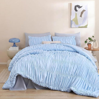 weigelia Cinched Comforter Set Queen – Soft Ruched Bedding Set, 3PCS Light Blue All-Season Fluffy Lightweight Comforter with Pillowcases for Bedroom, Apartment & Dorm Decor