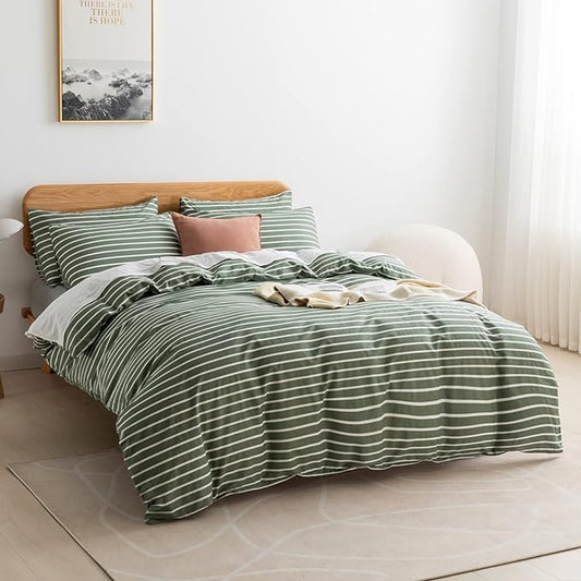 JELLYMONI King Duvet Cover Set, Cotton Duvet Cover 3 Pieces with Zipper Closure, 1 Duvet Cover and 1 Pillowcases(Green with White Striped)