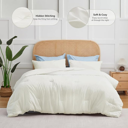 CozyLux Full Size Comforter Set Ivory, 3 Pieces Solid Breathable Quilted Bedding Sets, Luxury Lightweight Soft Bed Set with Down Alternative Comforter and 2 Pillowcases for All Seasons