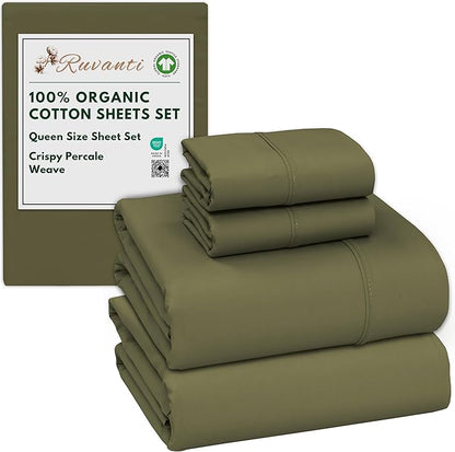 RUVANTI 100% Organic Cotton Sheets Queen Size, Percale Weave, GOTS Certified, 4-Piece Set, Deep Pocket 15", Crisp & Breathable, Soft Durable Bedding, Sábanas Algodón Orgánico – Olive