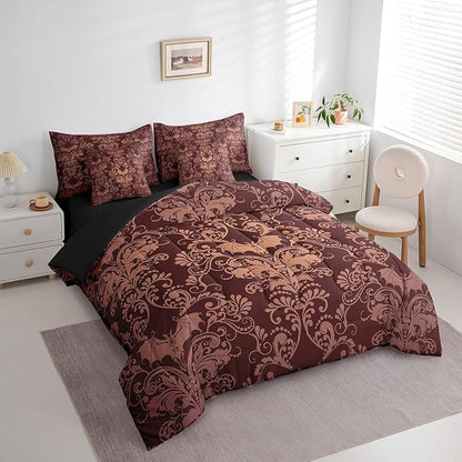 Erosebridal Gothic Damask Bed in a Bag King Size Comforter Set 7 Pieces,Halloween Bat Bedding Sets Brown Victorian Floral Goth Sheet Set with Comforter