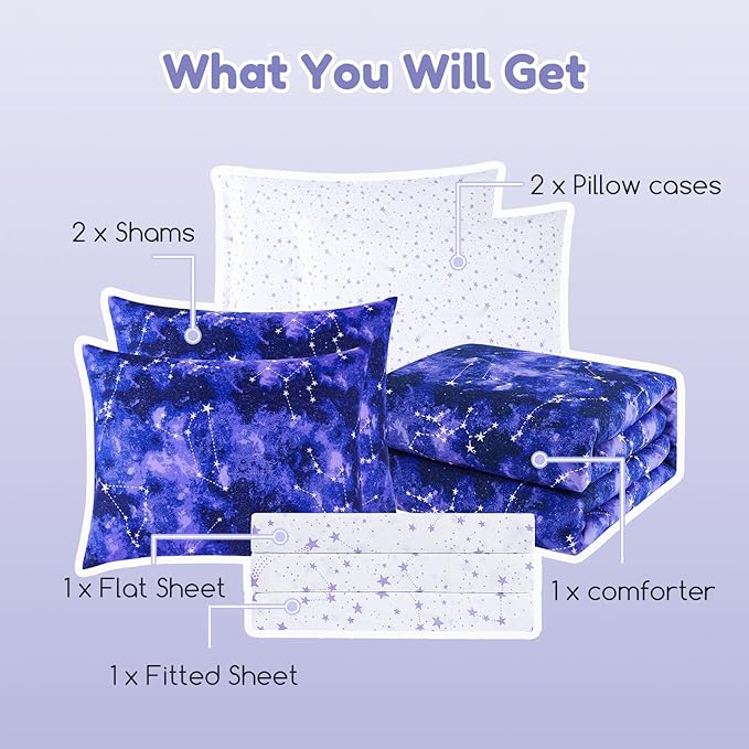 Full Size Comforter Set -7 Pieces Girls Boys Galaxy Glow in the Dark Full Bedding Sets for Kids, Ultra Soft Bed in A Bag with Sheets