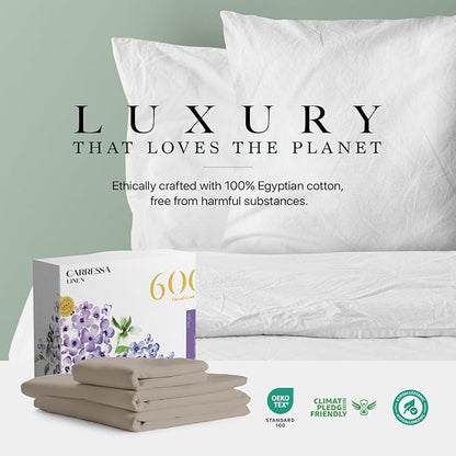 Carressa Linen 100% Egyptian Cotton Twin XL Sheets Set - 600 Thread Count Luxury Egyptian Cotton Sheets Twin XL Size (3 PC, Cocoa Taupe), 16" Deep Pocket, Soft, Cooling, Sateen Weave Dorm Room Bedding