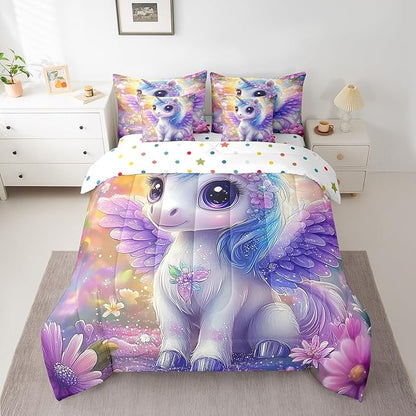 Feelyou Unicorn Comforter Set 7 Pieces Full Size Floral Flower Bedding Set for Boys Girls Dreamy Horse Bed in a Bag with Comforter, Sheets, Pillowcases & Cushion Covers