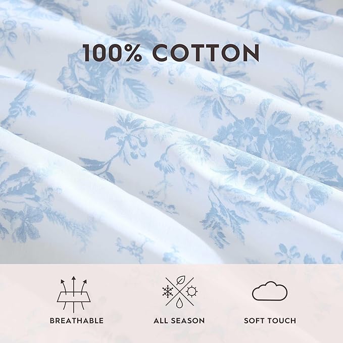 Laura Ashley - King Sheet Set, Crisp & Cool Cotton Percale Bedding with Deep Pockets, Lightweight for Year Round Comfort, Bed Sheets with Matching Pillowcases (Walled Garden Blue)