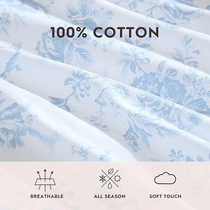 Laura Ashley - Queen Sheet Set, Crisp & Cool Cotton Percale Bedding with Deep Pockets, Lightweight for Year Round Comfort, Bed Sheets with Matching Pillowcases (Walled Garden Blue)